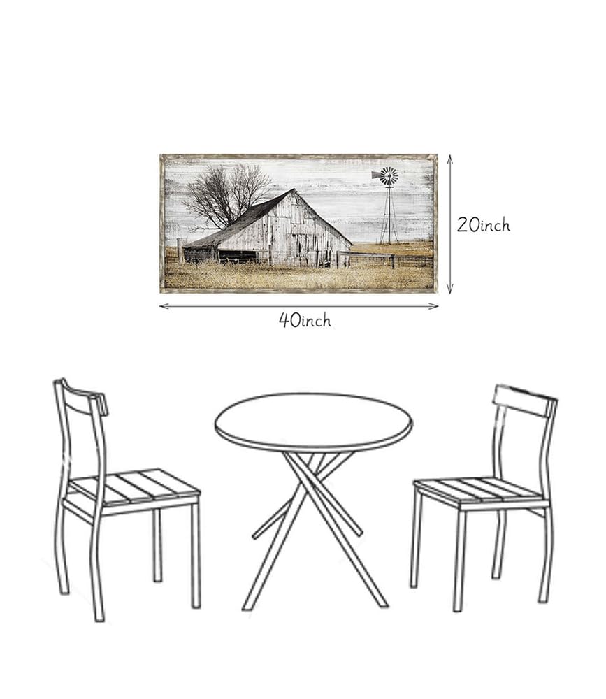 Barn Framed Wall Art Farmhouse: Rustic Farm Wood Picture Decor Large Windmill Country Scene Painting Horizontal
