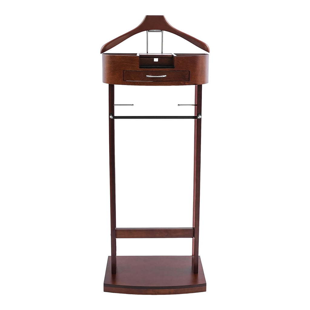 Wooden Suit Valet Stand, Freestanding with Drawer & Storage Tray, Brown