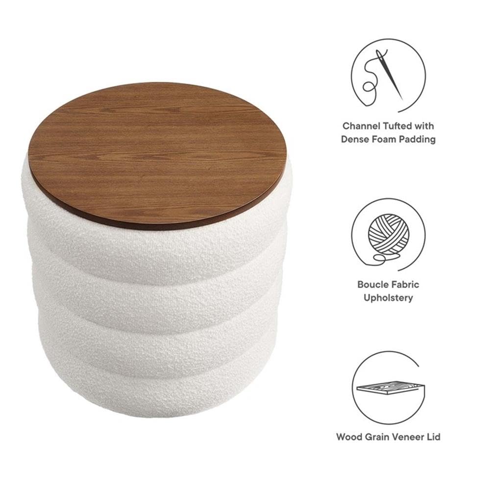 Mezzo Round Boucle Fabric Storage Ottoman Stool in Cloud - Channel Tufted Ottoman - Upholstered Footrest - Versatile