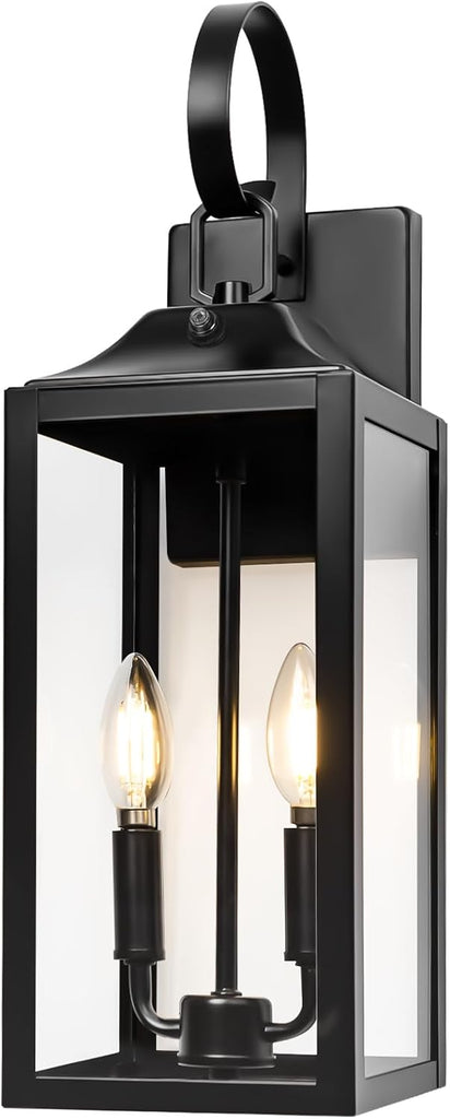 Black Dusk to Dawn Outdoor Wall Lantern 2-Light, 19" Large Outside Modern Porch Sconce Light Fixture
