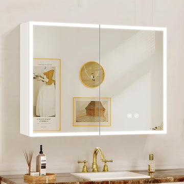 White LED Mirror Medicine Cabinets, Surface Mounted 32 x 24 Inch Bathroom Mirror Cabinet with Lights 3 Colors