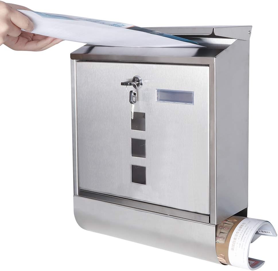 Stainless Steel Mailbox with Key Lock, Metal Wall Mount Rust-Proof Mail Box with Newspaper Compartment 15.4" x 12"