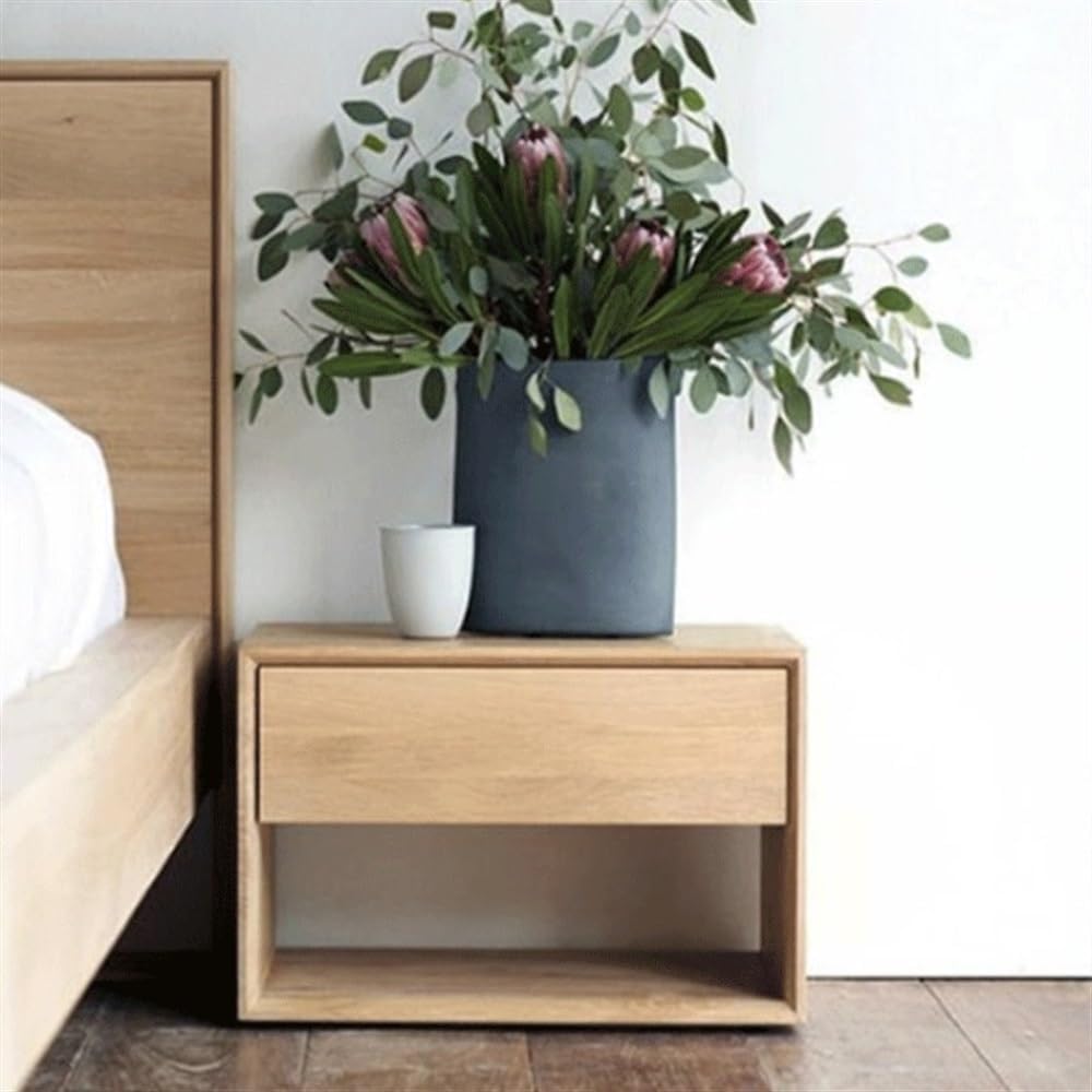 Mid-Century Modern Solid Wood Nightstand with Drawer, 2-Tier Bedside Table with Open Storage Shelf, Natural
