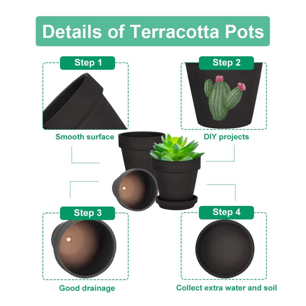 4 Inch Black Terracotta & Clay Pots with Saucer, 6 Pack