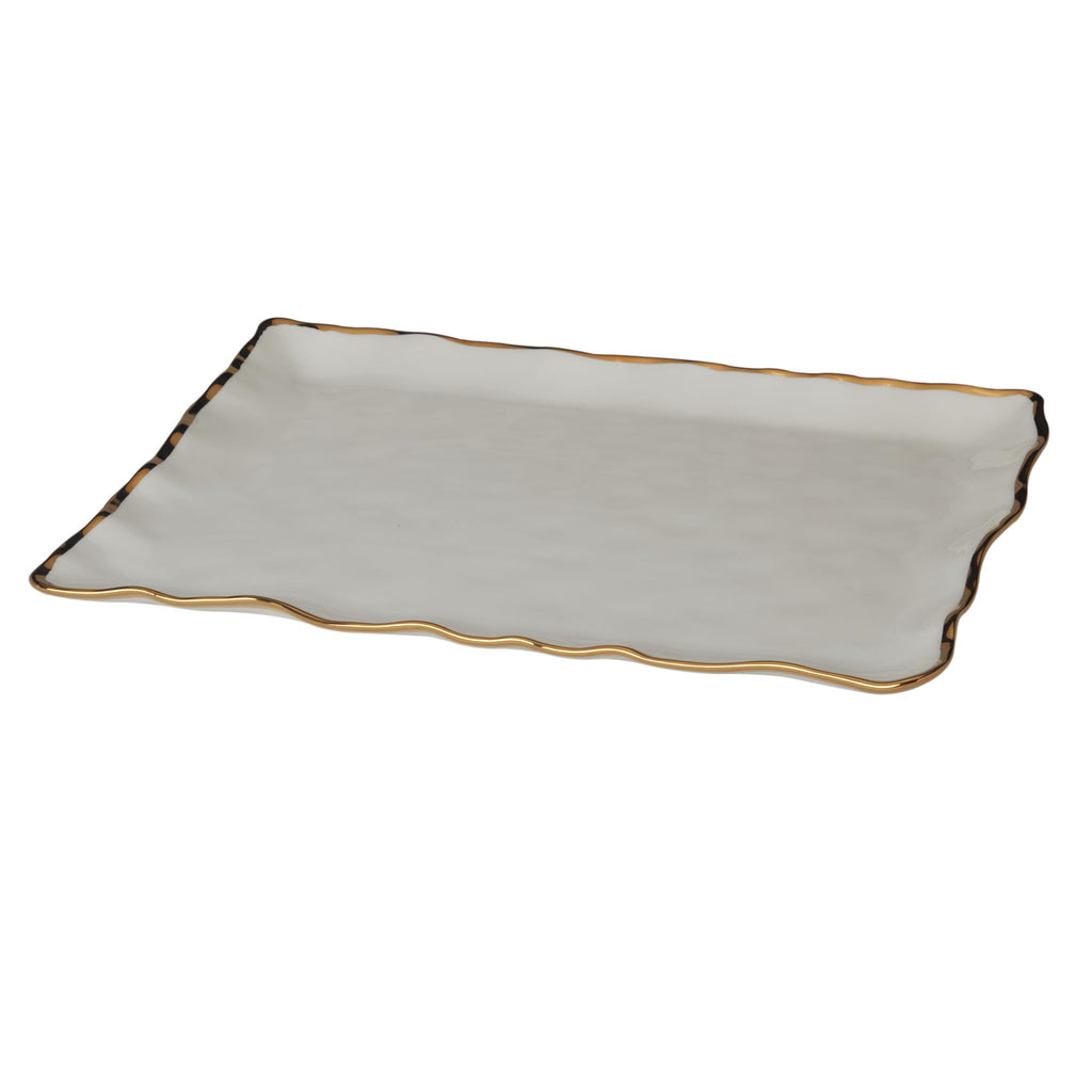 Regency Gold Porcelain Rectangular Platter with Scalloped Edges, Metallic Gold Rim, 16x11.75in, Elegant Serving Dish