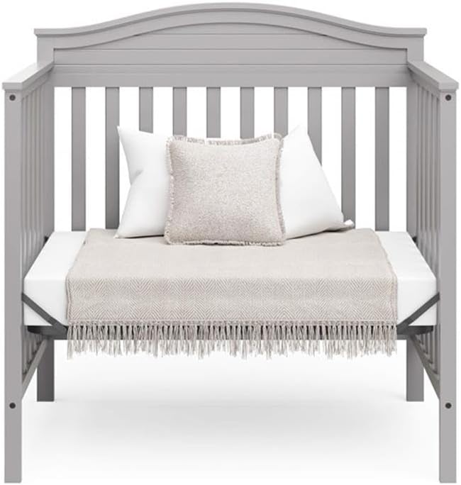 Mini Convertible Crib, Pebble Gray Finish, New Zealand Pine Wood, 41.49" H x 40.67" W x 26.1" D, Includes 2.50" Foam