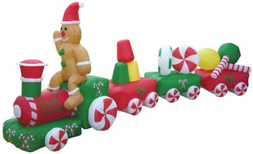 Air Blown Inflatable 14.8' Christmas Candy Train w/Gingerbread Man Yard Decoration