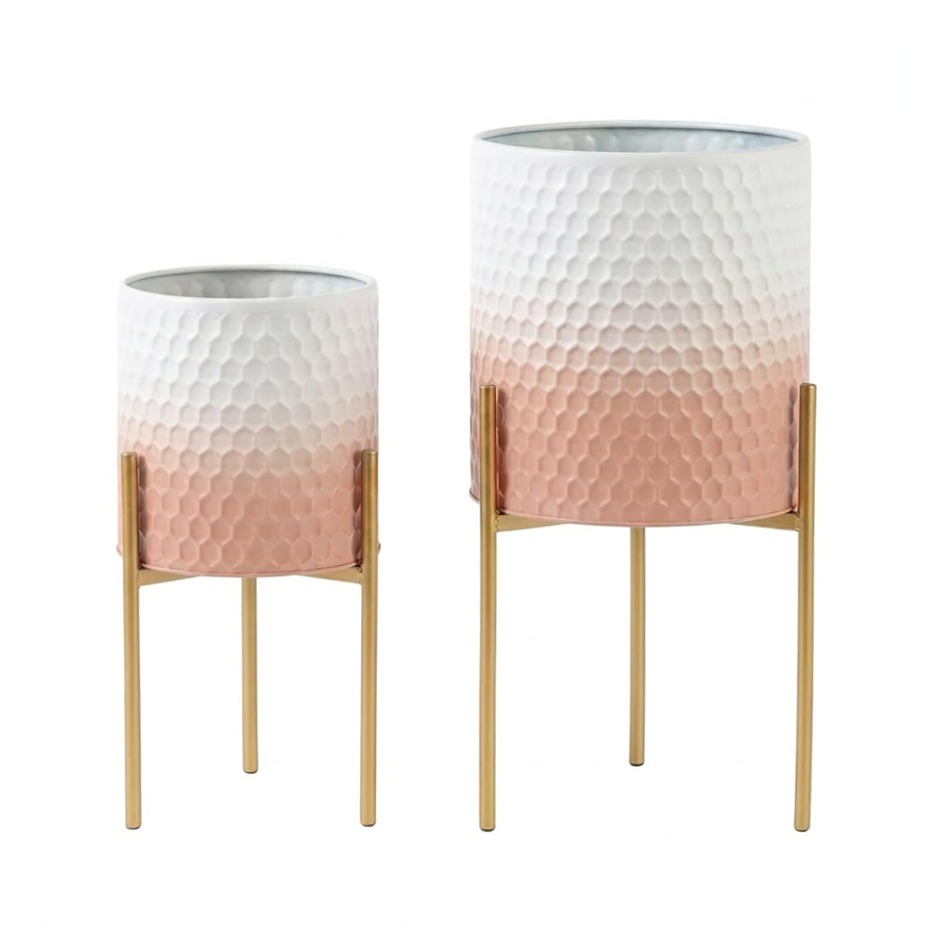 Modern Planter Pots, Set of 2 White Pink Planters with Stand, Decorative Planters, Metal Pots with Drainage Holes