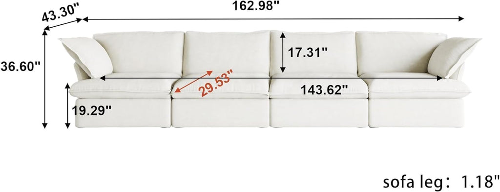 162" Cloud Sectional Couches for Living Room, Modular Sectional Sofa, Down Fill Couch Sectional, Cushion Covers Removable, Deep Seat Sofas for Living Room (4 Seats, White) A124-B0CTX6M4BZ