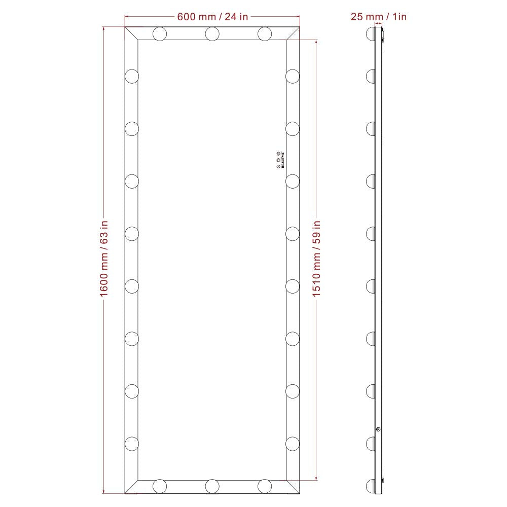 Full Length Mirror with Lights, 65" x 24" Led Standing Mirror, Wall Mounted and Floor Standing Bulbs, Wall Mounted