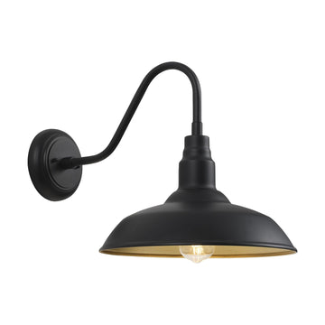 14in Dome Large Outdoor Barn Lights, Black Exterior with Gold Interior Gooseneck Light Fixture, Outside Wall Mount