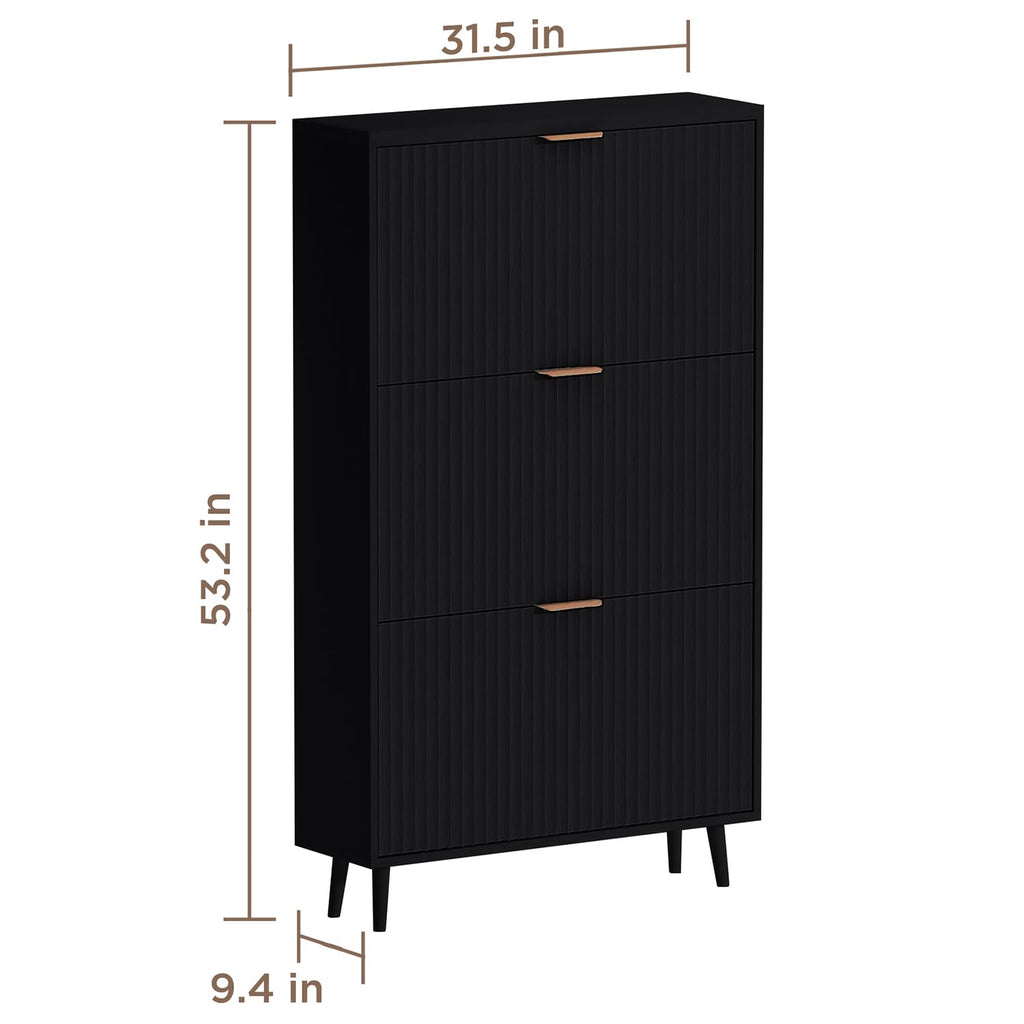 Shoe Cabinet Storage, Modern Freestanding Organizer with 3 Flip Drawers, Narrow Shoe Rack Cabinet, Black