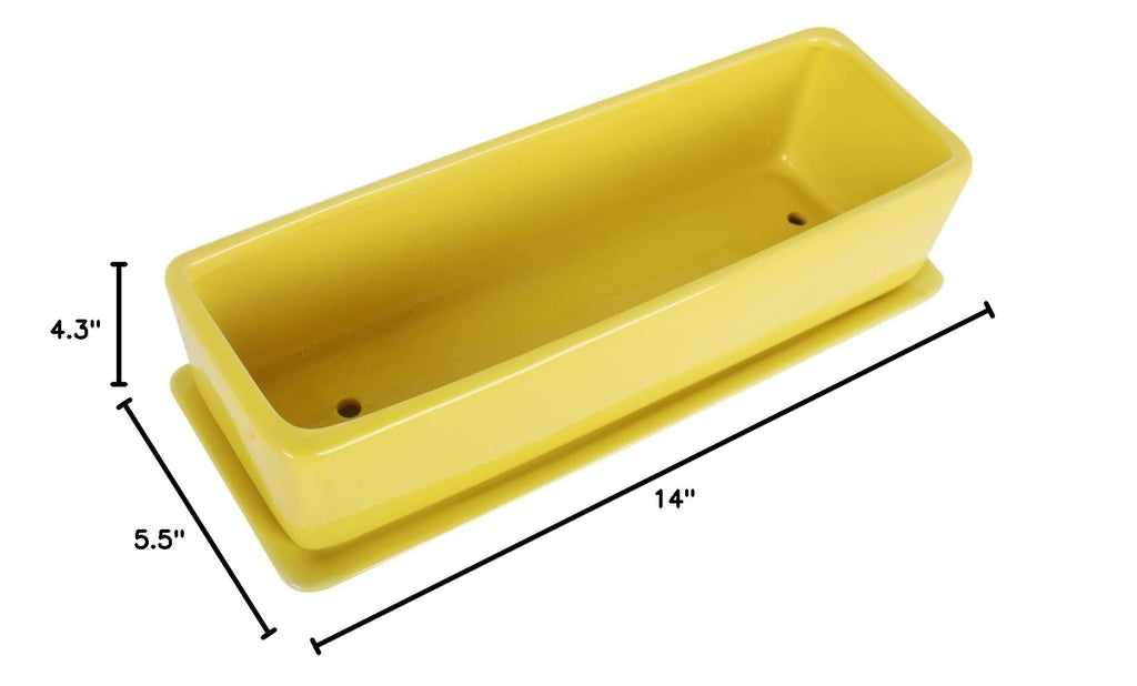 14 Inch Rectangular Modern Minimalist Ceramic Succulent Planter Pot - Window Box with Saucer, Office Desktop Potted