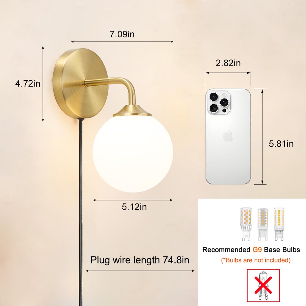 Gold Plug in Wall Sconce Set of 2, Wall Light Fixture with Plug in Cord On/Off Switch, Mid Century Art Deco Wall