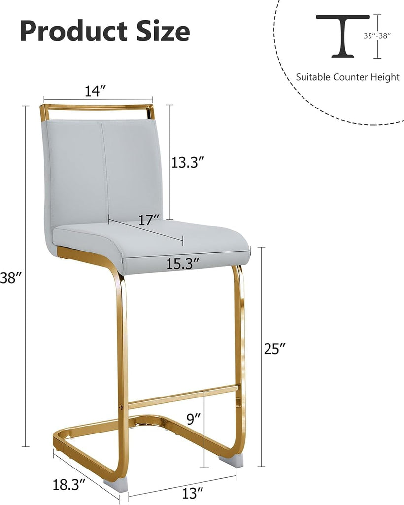 25" Modern Counter Height Bar Stool Set of 6, Leather Upholstered with Back and Gold Metal Frame, Kitchen Island