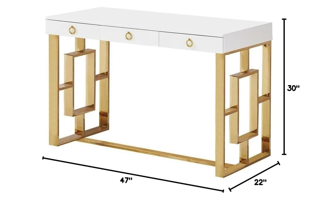 Barento 47" White Gloss Rectangular Computer Desk with 3 Drawers and Ring Handles, Stainless Steel Sled Base