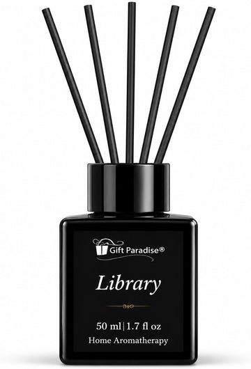 Library Luxury Reed Diffuser Set - 50 ml Scented Oil with Glass Bottle & Reed Sticks, Warm Woody Book-Inspired Home - Set of 17