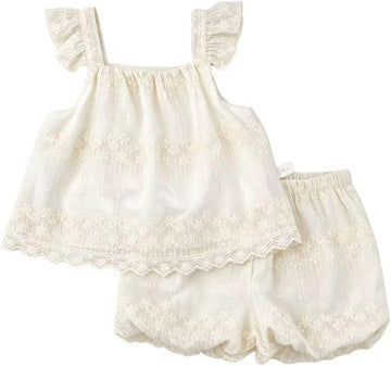 Toddler Baby Girl 2Pcs Lace Summer Outfit Sleeveless Ruffle Tops and Bloomer Shorts Set