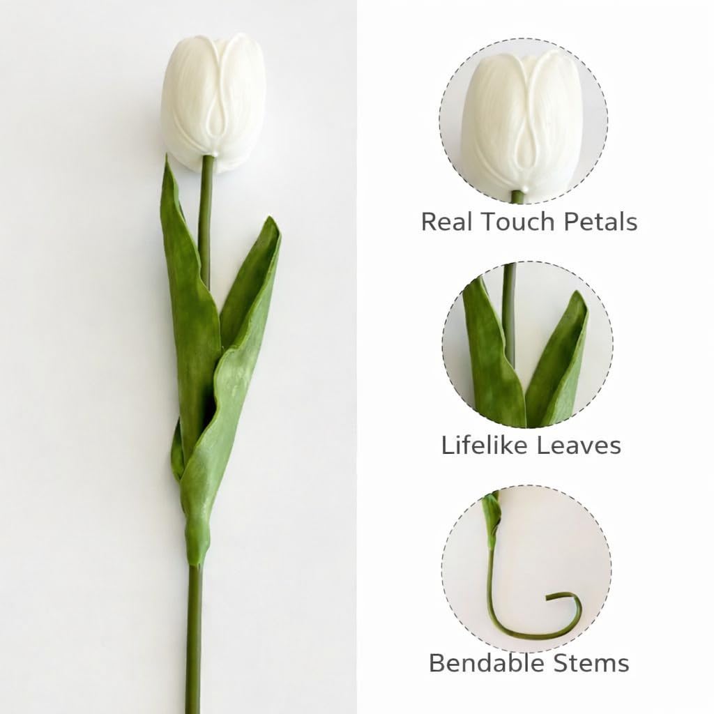 19'' Real Touch Latex Artificial Tulip Flowers, 6 Pack Milky White Faux Stems Decor, Table Centerpieces, Vase, Spring
