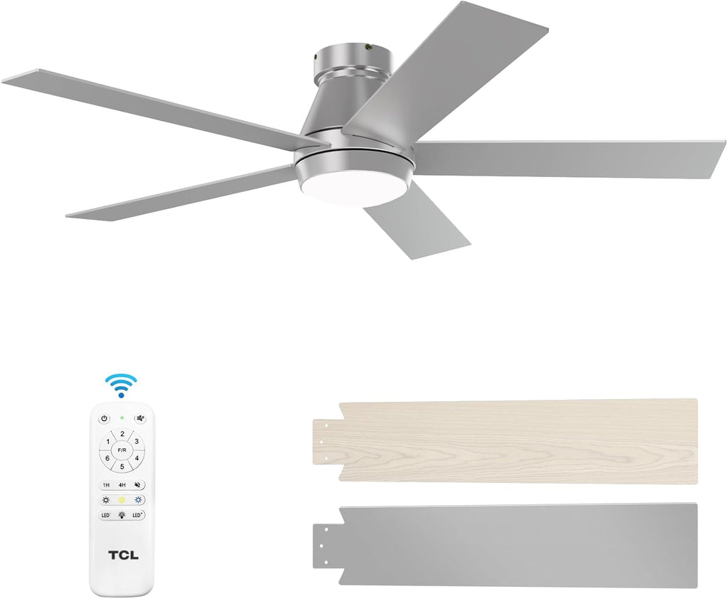 52" Ceiling Fan with Lights, Silver Flush Mount, 5 Blade Low Profile, 6 Speeds DC Reversible, Dimmable, Modern for Bedroom, Living Room and Garage A101-B0D4Z8Z927