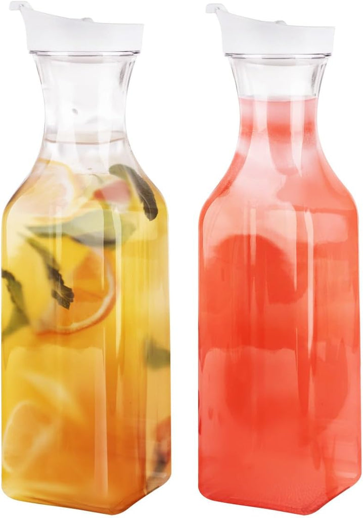 [50 oz - 2 Pack] Plastic Carafe with Lid, Large Capacity Square Base - Clear Pitcher with Flip Top Lid, Easy-Pour