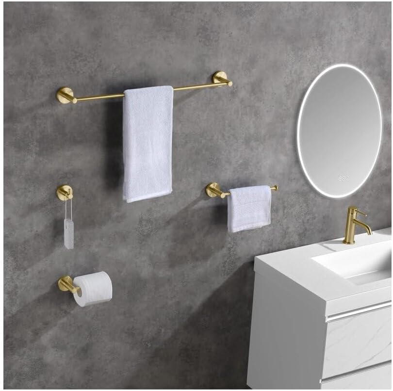 Circular 5-Piece Bathroom Hardware Set - Towel Bar, Towel Ring, Toilet Paper Holder & 2 Robe Hooks - Wall Mounted