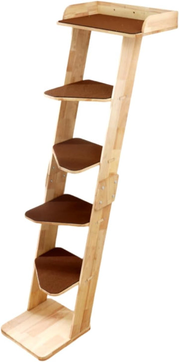 Modern 70" Tall Natural Wood 6 Level Leaning Cat Climbing Ladder Tree Tower with Large Perch Platform for Wall