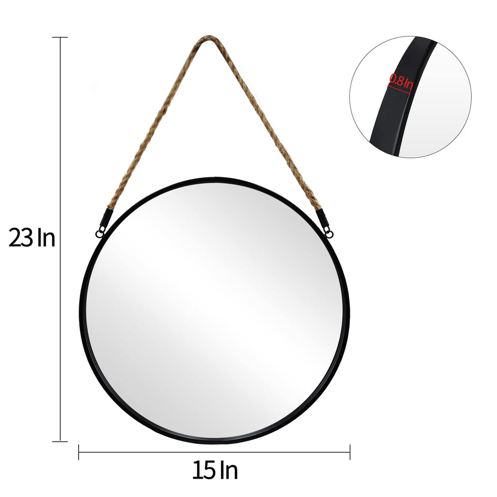 15" Small Round Hanging Mirror, Circle Wall Mirror with Jute Rope