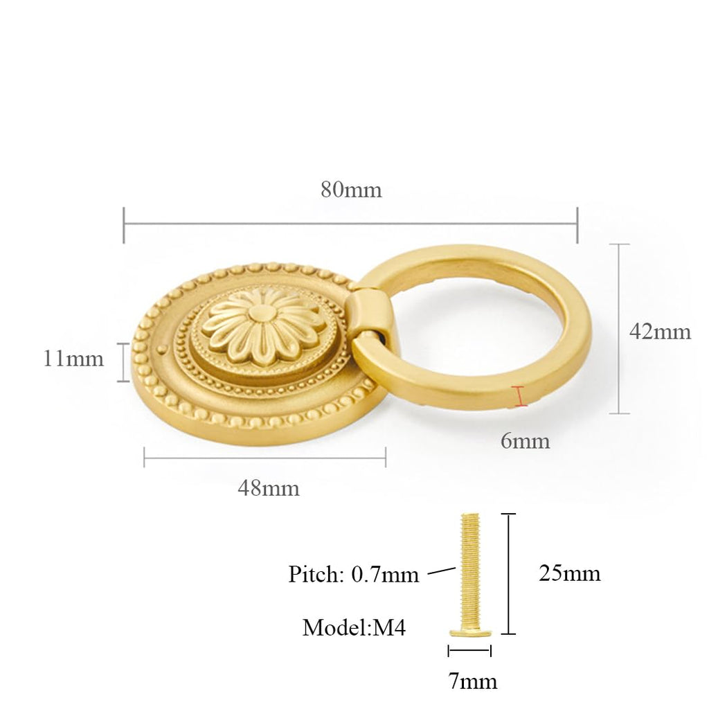 Brass Cabinet Rings Gold Knobs, Drawer Round European Handles Antique Gold Knobs Kitchen, 4 Pack