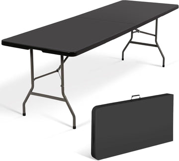8 FT Folding Table with Built-in Handle and Steel Legs Black