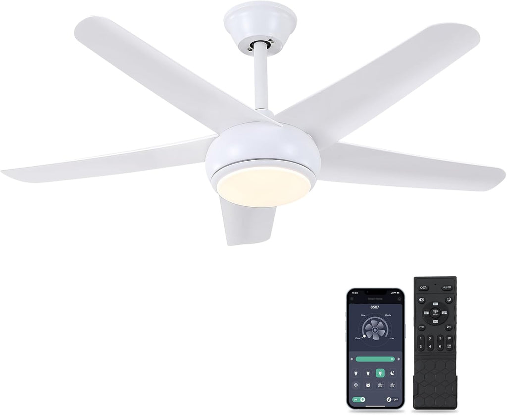 White Ceiling Fans with Lights - 44" Modern Ceiling Fans with 5 Blades and 3CCT Dimmable, Low Profile Ceiling Light Fixture, Indoor/Outdoor Ceiling Fan Light for Bedroom, Covered Patios A101-B0D8W5DCT2