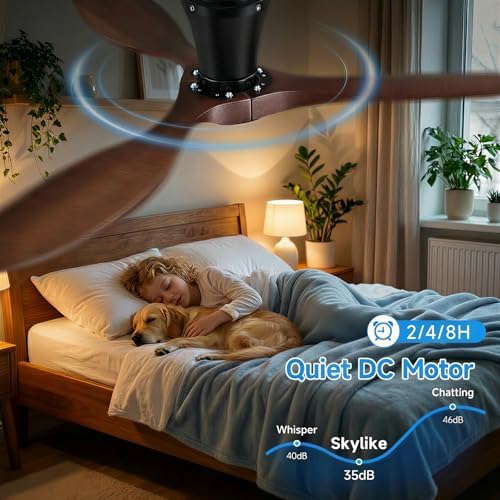42 Inch Wood Flush Mount Ceiling Fan with Dimmable LED Light and Remote - Solid Walnut Blades, Quiet DC Motor