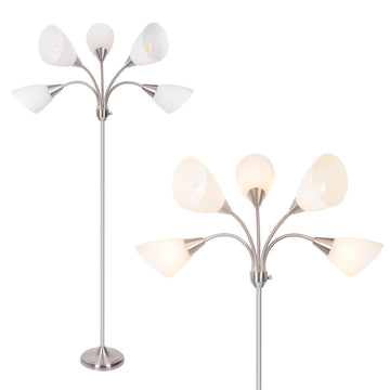 Floor Lamp, 5 Adjustable Neck Heads with Lampshades, Multi-Light Standing Reading Lamp