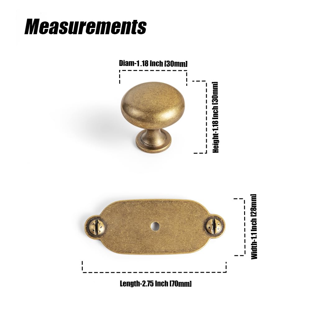 Antique Brass Zinc Alloy Cabinet Knob with Backplate - Single Hole Center Cabinet Pull Hardware, 6 Pack(8611-G013)