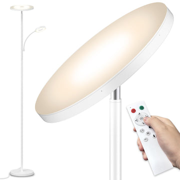 White Floor Lamp, 42W Super Bright LED Room Lamp with Adjustable Reading Light, Dimmable Modern Standing Lamp