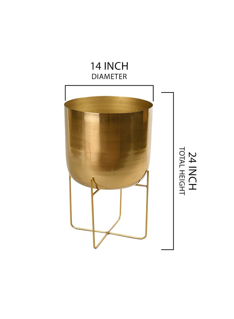 Modern Mid‐Century Metal Indoor Planter with Stand, Gold Planter Pot, Indoor Plants - Decorative Planter Holder, 14"