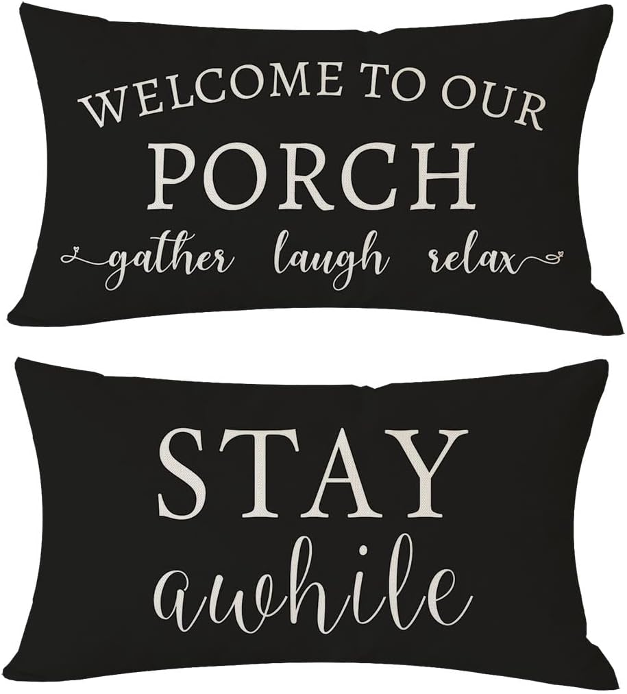Welcome to Our Porch Stay Awhile Farmhouse Black and White Outdoor Lumbar Decorative Throw Pillow Covers 12x20 Inch
