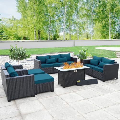 7-Piece Outdoor Patio Furniture Set - Fire Pit | Peacock Blue for Patio, Garden & Porch