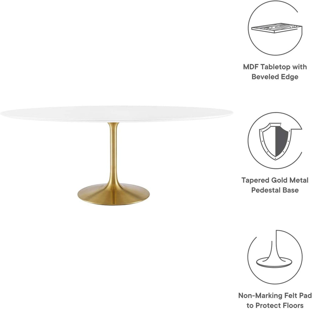 Inspired Tulip Style Oval Pedestal Dining Table — Gold Base / White Top, 78″ Oval