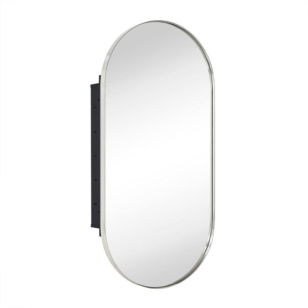 Brushed Nickel Oval Recessed Bathroom Medicine Cabinet with Mirror Stainless Steel Metal Framed Oblong Pill Shaped