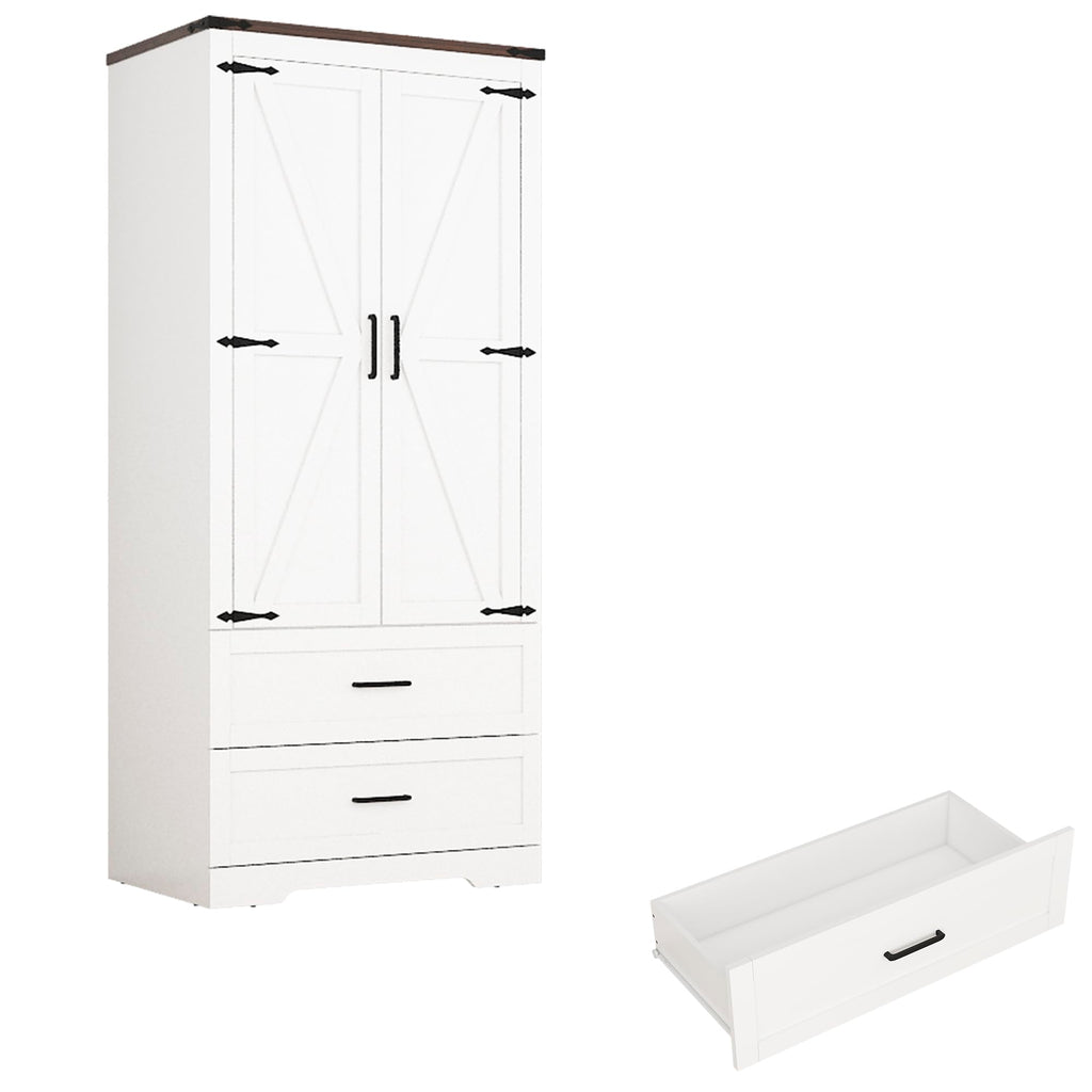 2 Doors Wardrobe Armoire Closet with Doors and Drawers, Farmhouse Wooden Armoire Storage Cabinet with Shelves &
