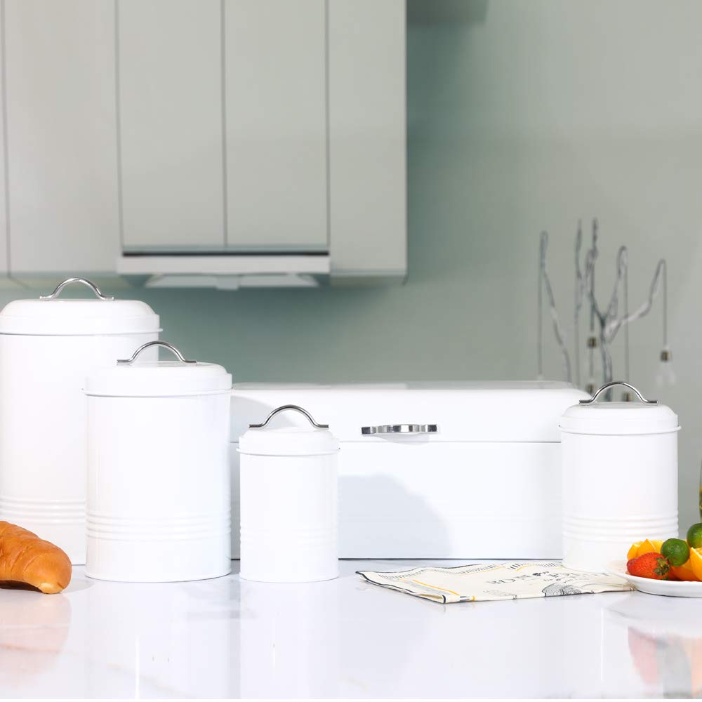 Large, Metal Bread Storage Bin with Lid, 16.3"x9"x6.7", White