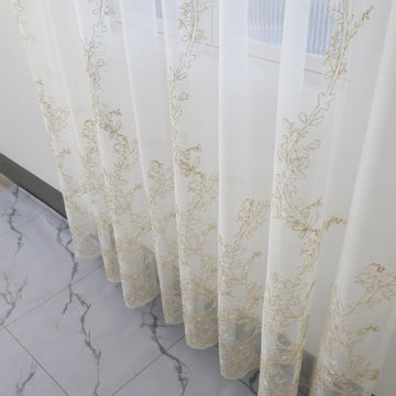 1 Pair Luxury Embroidered Tulle Curtains Wedding 3D Gold Flower Sheer Curtains (White,51x96 Inch)