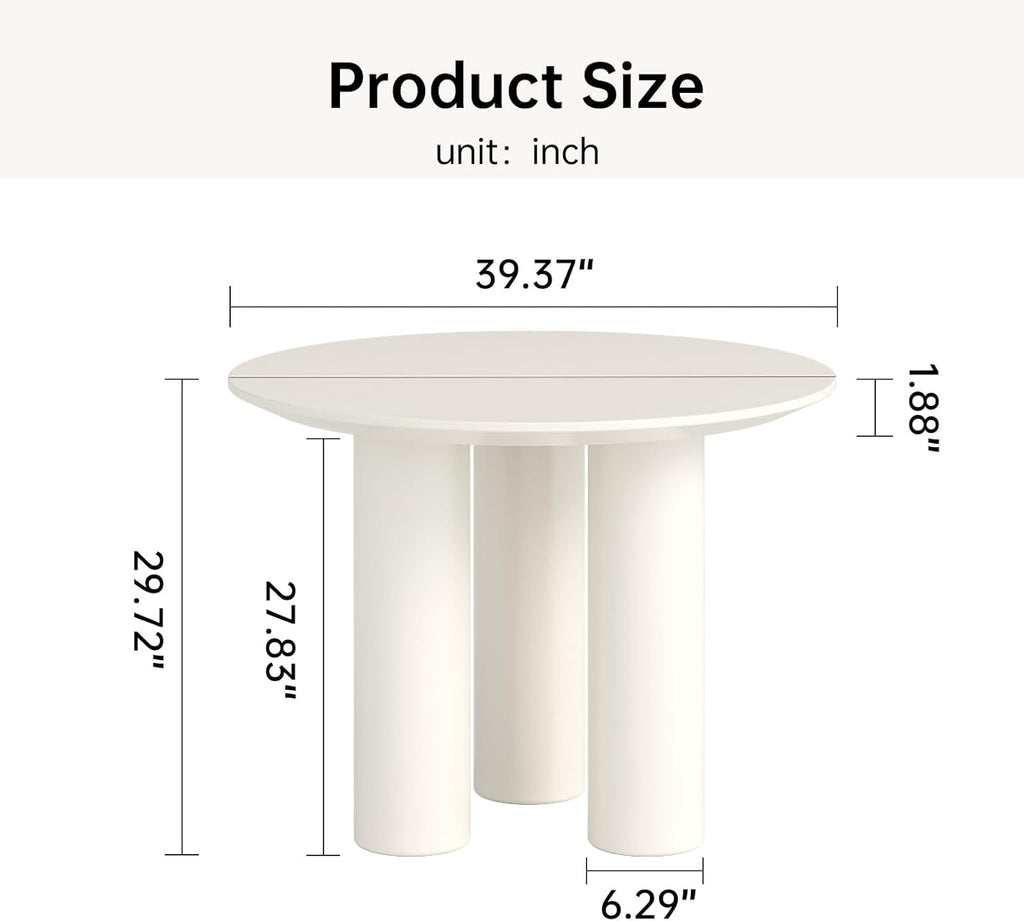 39" Round Dining Table for 4 Cream White Kichen Table with 3 Legs Modern Round Table 4 Seats Dining Room Table for