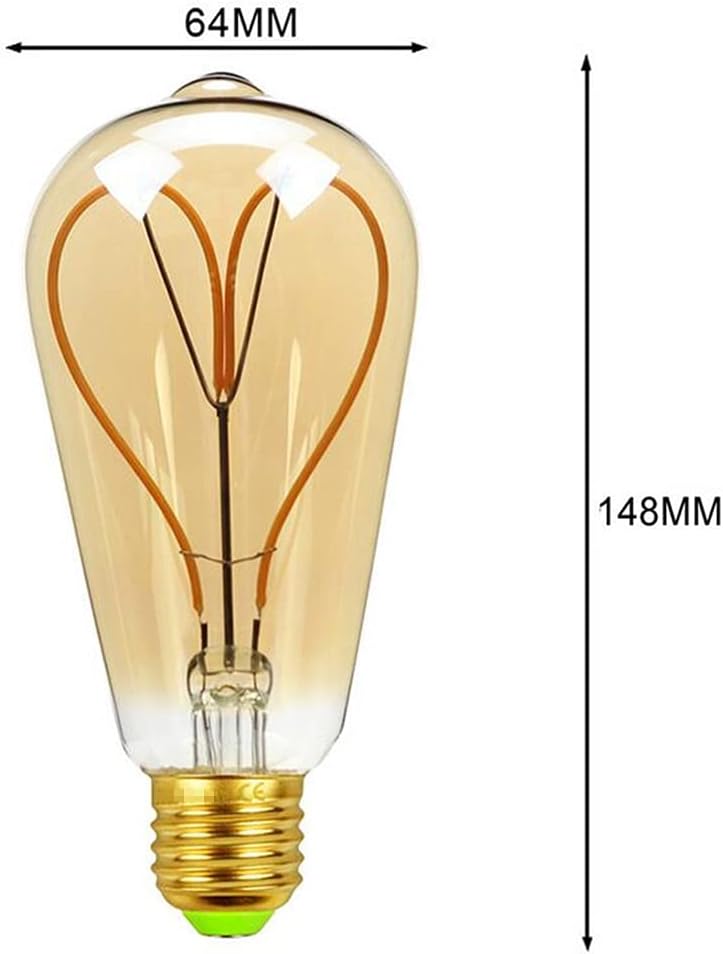 ST64 Dimmable LED Edison Bulb 4W LED Edison Bulbs Heart Shape Filament Bulbs Decorative Light Bulb,Amber Glass,4
