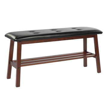 Padded Solid Wood Dining Table Bench with Shoe Rack Storage Walnut