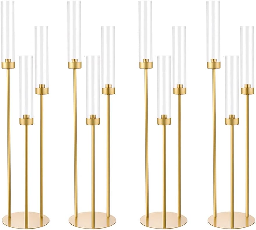 4pcs Gold Candelabra 3 Arm Taper Candle Holders with Acrylic Lampshade, 33.8'' Tall Candelabra Centerpiece for Table