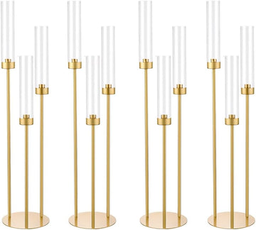 4pcs Gold Candelabra 3 Arm Taper Candle Holders with Acrylic Lampshade, 33.8'' Tall Candelabra Centerpiece for Table