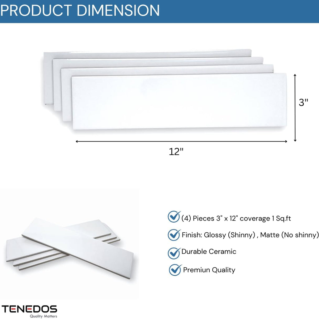 White 3x12 Glossy Ceramic Subway Tile - 50 Pcs (12.5 Sqft) Backsplash, Bathroom Shower Walls, Accent Decor, Easy
