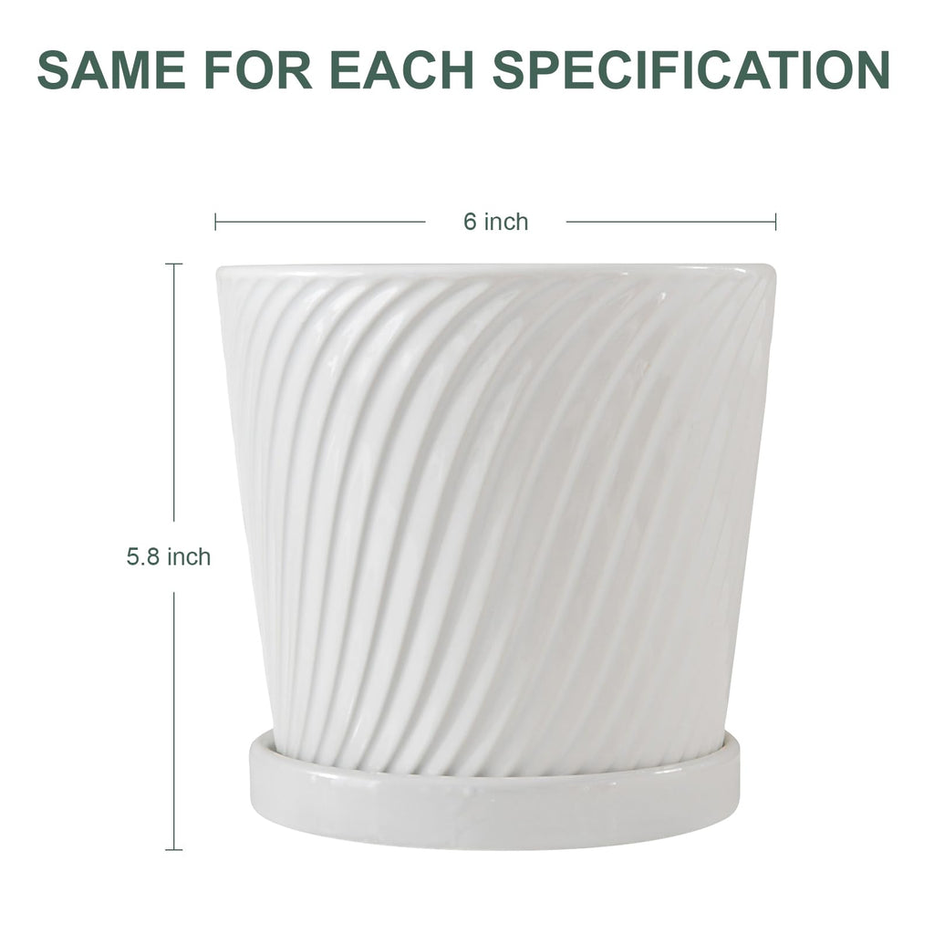 White 6 Inch Flower Pots for Plants, Ceramic Planter with Drainage Holes